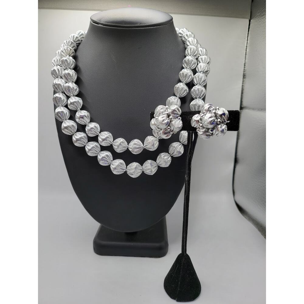 Vintage Japan Silver Tone Textured Bead Necklace Clip Earring Set